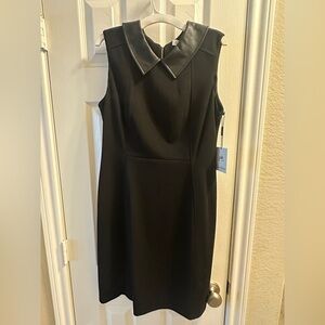 Calvin Klein Black Sleeveless Sheath Dress with Faux Leather Collar
